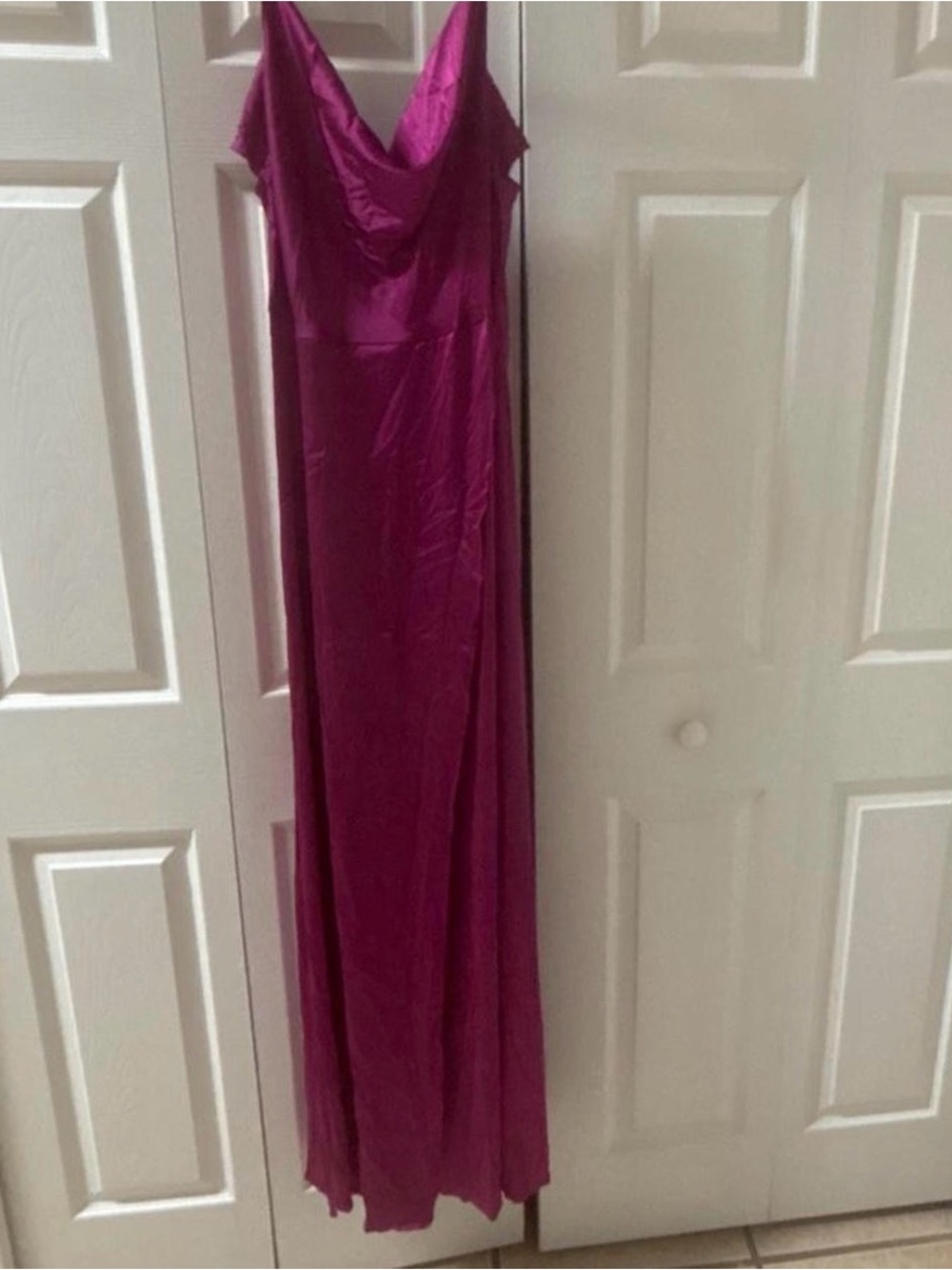 Elegant Fuchsia Cowl-Neck Maxi Dress with Spaghetti Straps